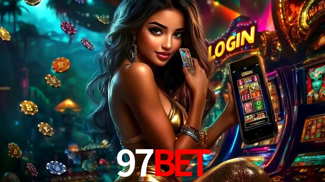 Mulher em um cenário de cassino temático de aventura, mostrando o app de caça-níqueis da 97BET no celular. Fichas de apostas flutuam ao redor.