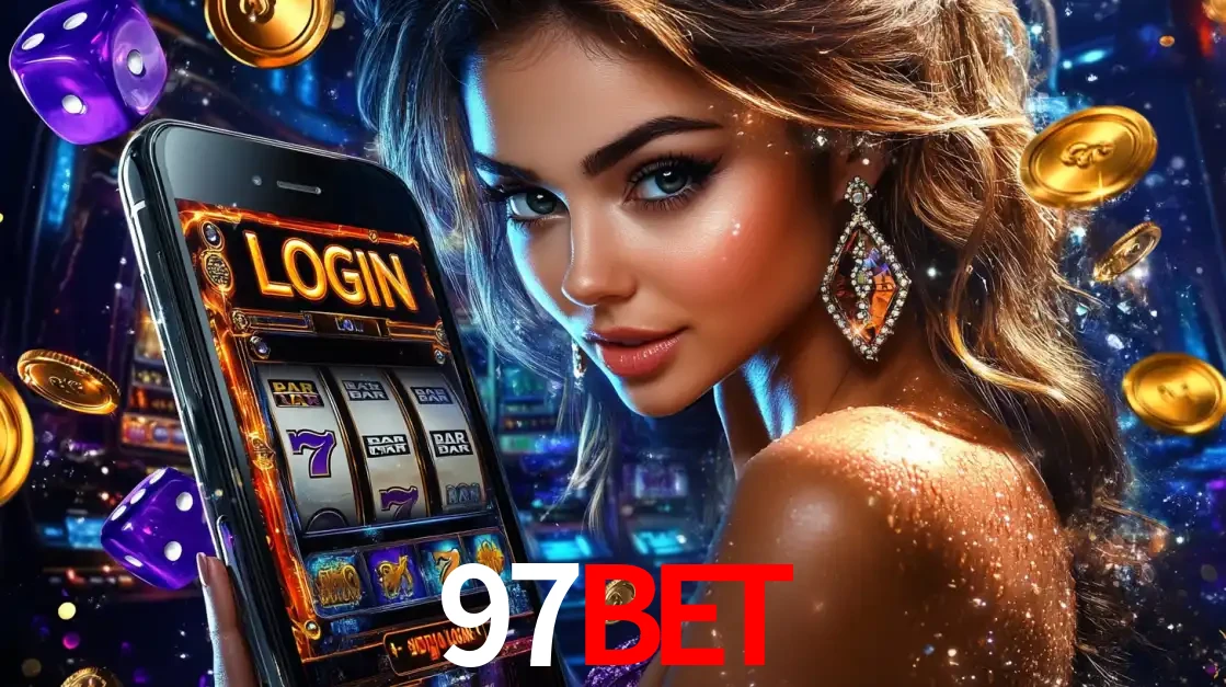 Mulher glamorosa segurando um smartphone com a tela de login para os jogos de caça-níqueis do cassino online 97BET, com moedas de ouro e dados ao redor.