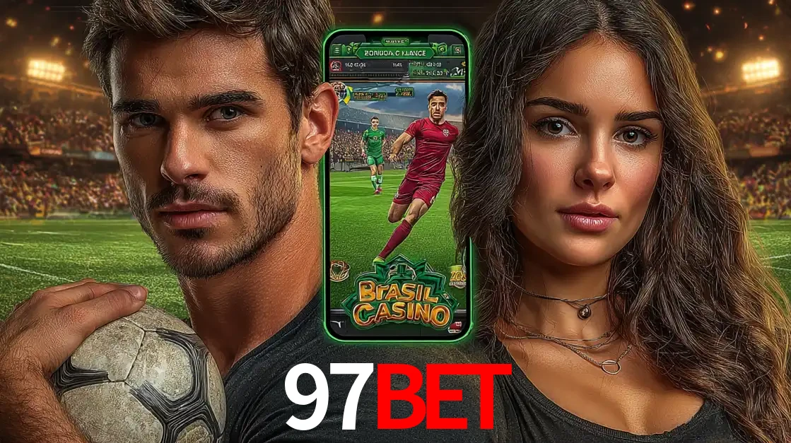 Homem segurando uma bola de futebol e uma mulher ao lado de um smartphone exibindo o jogo de apostas esportivas da 97BET. Faça seu palpite no cassino online.